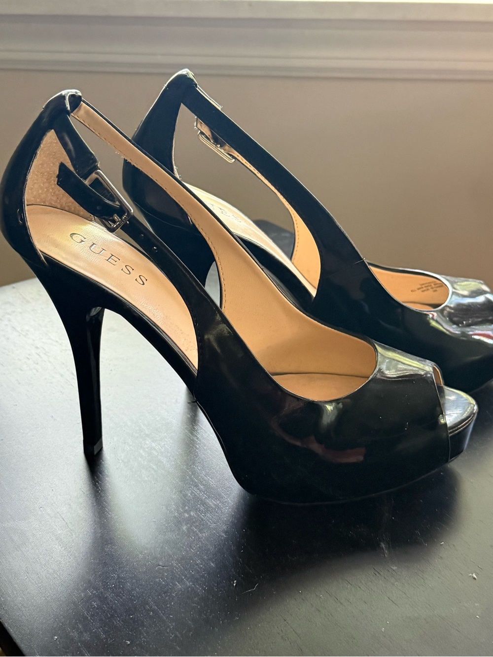 GUESS Black Patent Peep-Toe Slingback Heels